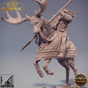 Wood Elf Fighter Mounted on Stag| Miniature | 28mm Scale | 32mm Scale | 75mm Scale | Pathfinder | DnD | Elf Figurine unpainted | - Only-Games