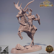 Wood Elf Fighter Mounted on Stag| Miniature | 28mm Scale | 32mm Scale |54mm | 75mm Scale | Pathfinder | DnD | Elf Figurine unpainted | - Only-Games