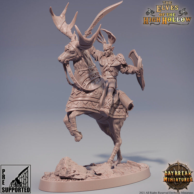 Wood Elf Fighter Mounted on Stag| Miniature | 28mm Scale | 32mm Scale |54mm | 75mm Scale | Pathfinder | DnD | Elf Figurine unpainted | - Only-Games