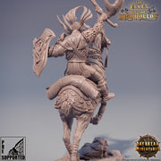 Wood Elf Fighter Mounted on Stag| Miniature | 28mm Scale | 32mm Scale |54mm | 75mm Scale | Pathfinder | DnD | Elf Figurine unpainted | - Only-Games