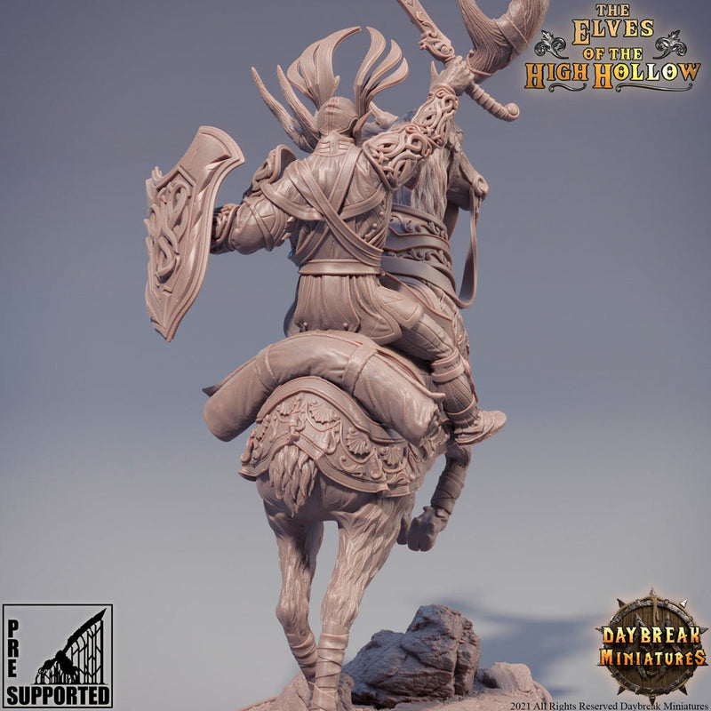 Wood Elf Fighter Mounted on Stag| Miniature | 28mm Scale | 32mm Scale |54mm | 75mm Scale | Pathfinder | DnD | Elf Figurine unpainted | - Only-Games