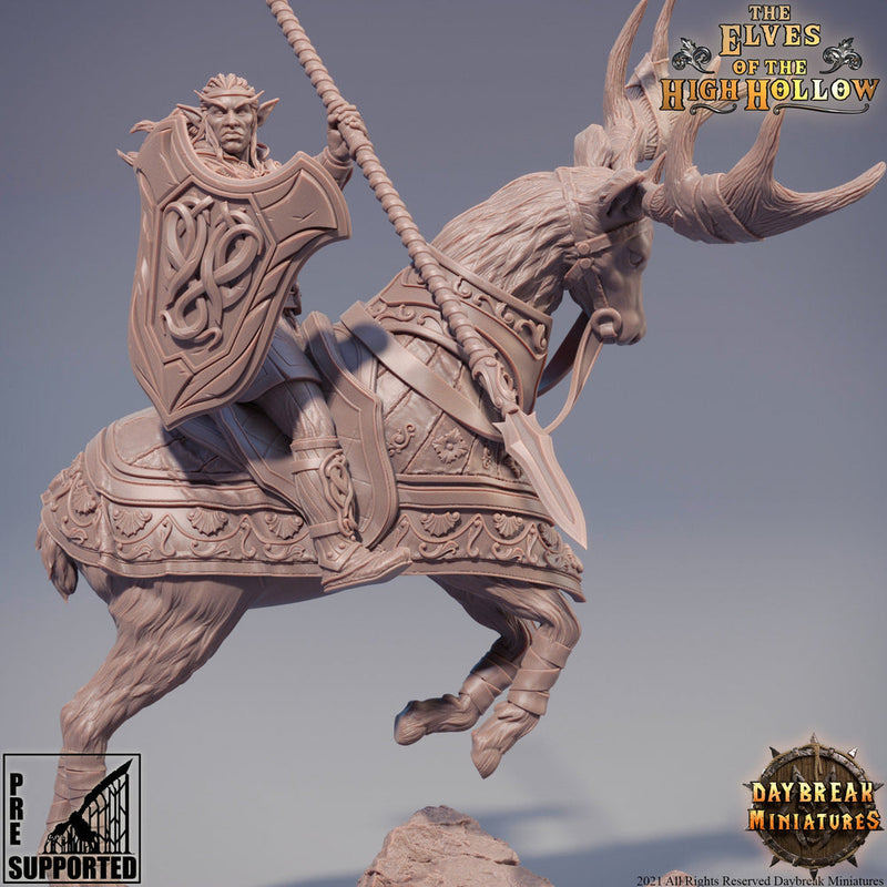 Wood Elf Fighter Mounted on Stag| Miniature | 28mm Scale | 32mm Scale | 75mm Scale | Pathfinder | DnD | Elf Figurine unpainted | - Only-Games