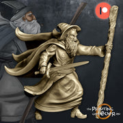 Human Mage Fighting w/ Staff and Sword | Miniature |28mm | 32mm|54mm|75mm |100mm Pathfinder Figure | DnD | Human Wizard Figurine unpainted | - Only-Games