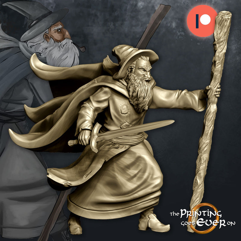 Human Mage Fighting w/ Staff and Sword | Miniature |28mm | 32mm|54mm|75mm |100mm Pathfinder Figure | DnD | Human Wizard Figurine unpainted | - Only-Games