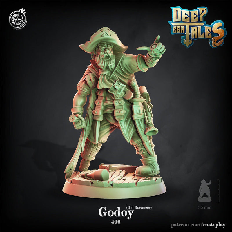 Bucaneer Pirate Ship Captain | 28mm, 32mm, 75mm Scale | Dungeons and Dragons 5e Miniatures | Pathfinder | Figurine | DnD Mini | Resin - Only-Games