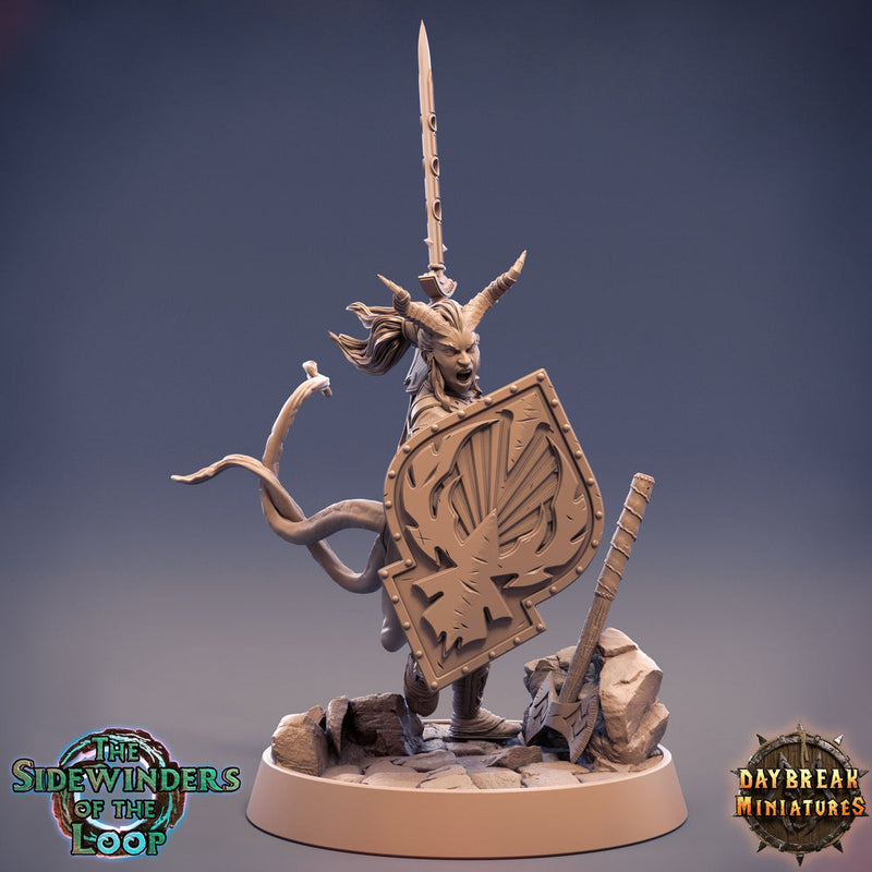 Tiefling Female Fighter Shield Master | 28mm, 32mm, 75mm Scale Resin Miniature | Dungeons and Dragons | Pathfinder | Strahd - Only-Games