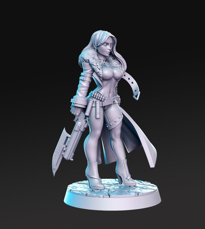 Pinup Female Gunslinger Trish | 28mm| 32mm|54mm | 75mm|100mm Scale | Final Fantasy classic JRPG - Minis - D&D - - Only-Games
