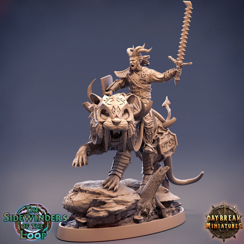 Tiefling Fighter mounted on Giant Feline | Dungeons and Dragons 5e Miniature | 28mm Scale | 32mm Scale | 75mm Scale | Pathfinder | - Only-Games