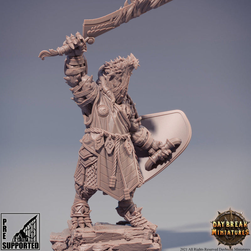 Dragonborn Fighter Flaming  Sword & Shield | 28mm, 32mm, 75mm Scale Resin Miniature | Dungeons and Dragons | Pathfinder | - Only-Games