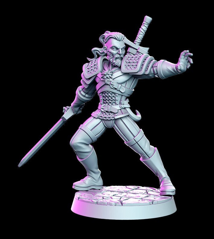 Human Fighter Eldritch Knight Witcher Geralt | Monster Slayer Ranger | 28mm,32mm,75mm Scale | Unpainted resin Figurine mini - D&D 5e - Only-Games