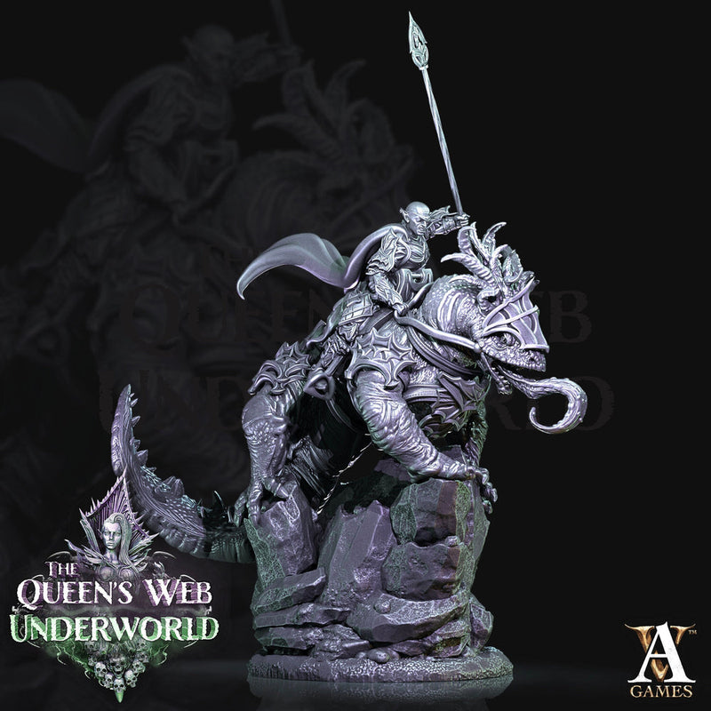 Mounted Dark Elf Fighter on Riding Lizard | 28mm and 32mm scale| DnD 5e Miniature | Drow Rider | Dungeons and Dragons| Pathfinder - Only-Games