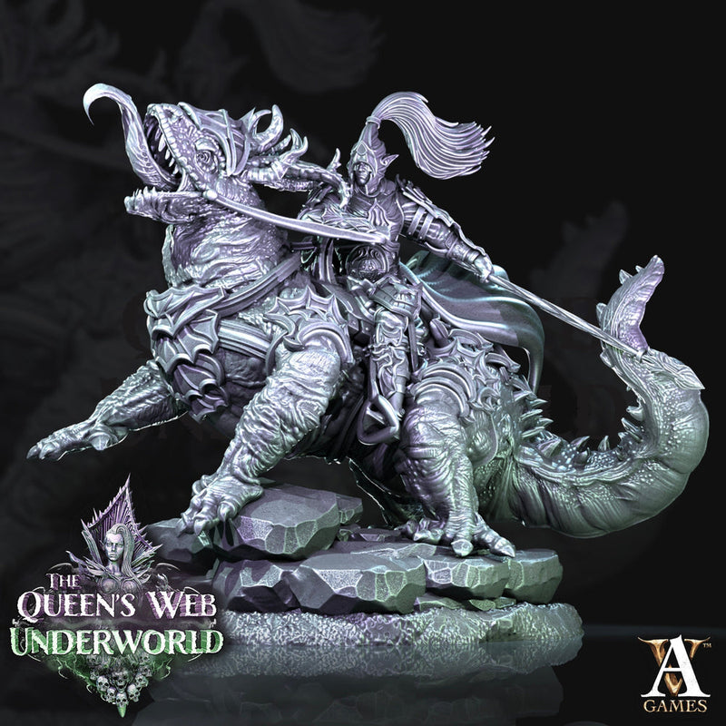 Mounted Dark Elf Fighter on Riding Lizard | 28mm and 32mm scale| DnD 5e Miniature | Drow Rider | Dungeons and Dragons| Pathfinder - Only-Games