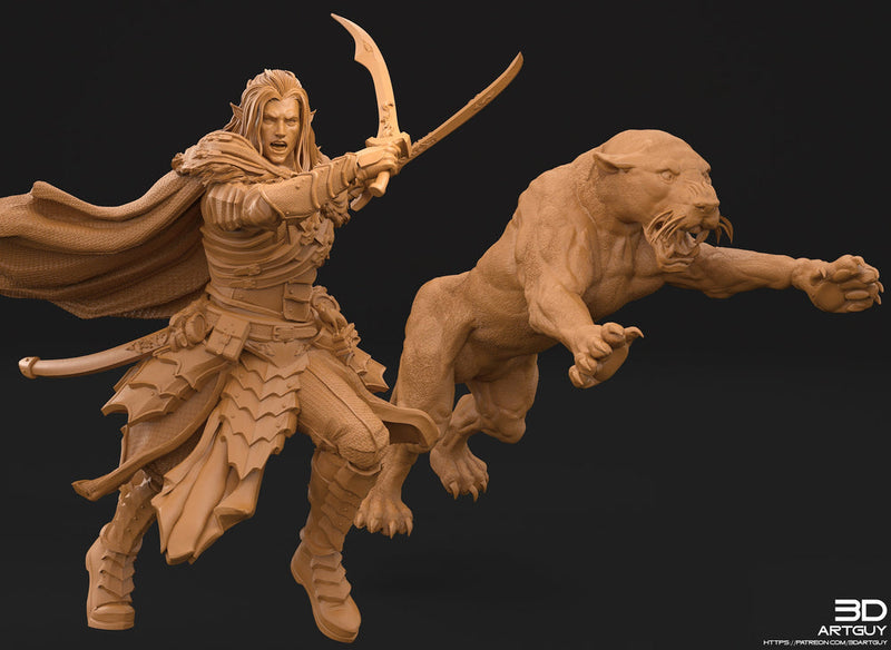 Famous Dark Elf Ranger and Magical Panther  | 28mm, 32mm Scales also 50mm and 100mm| Dungeons and Dragons| Pathfinder |3dArtGuy - Only-Games