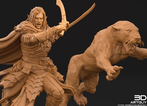 Famous Dark Elf Ranger and Magical Panther  | 28mm, 32mm Scales also 50mm and 100mm| Dungeons and Dragons| Pathfinder |3dArtGuy - Only-Games