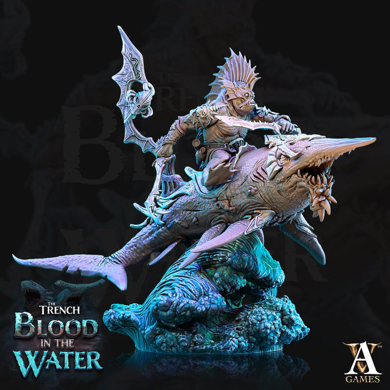 Sahuagin mounted on Shark  | Available  28mm and 32mm Scales | Archvillain Games | Dungeons and Dragons 5e Pathfinder | Underwater Adventure - Only-Games