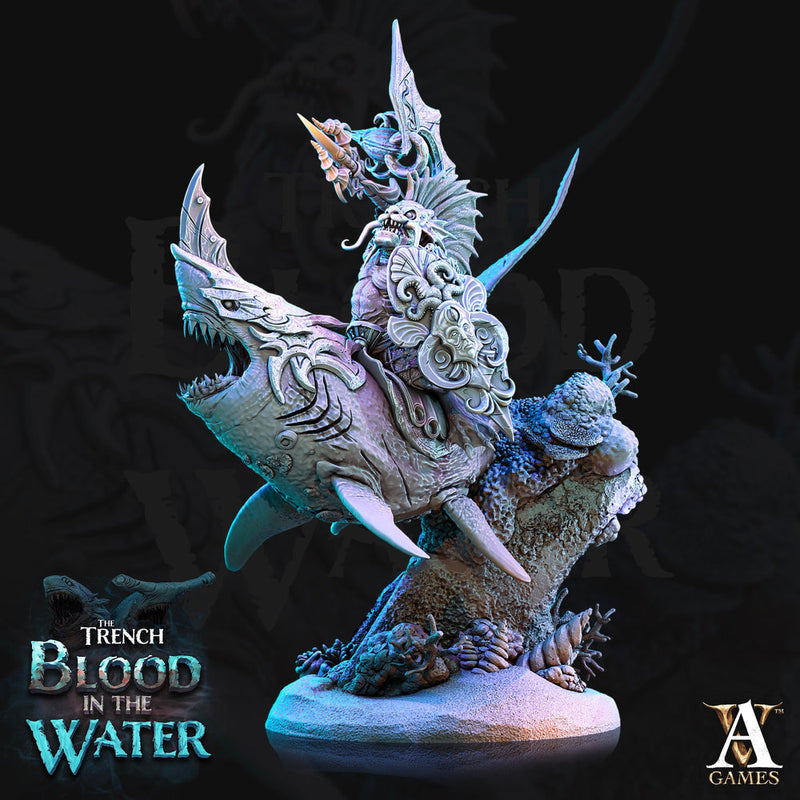 Sahuagin Trident and Shield mounted on Shark  | 28mm, 32mm Scales | Archvillain Games | Dungeons and Dragons Pathfinder Underwater Adventure - Only-Games