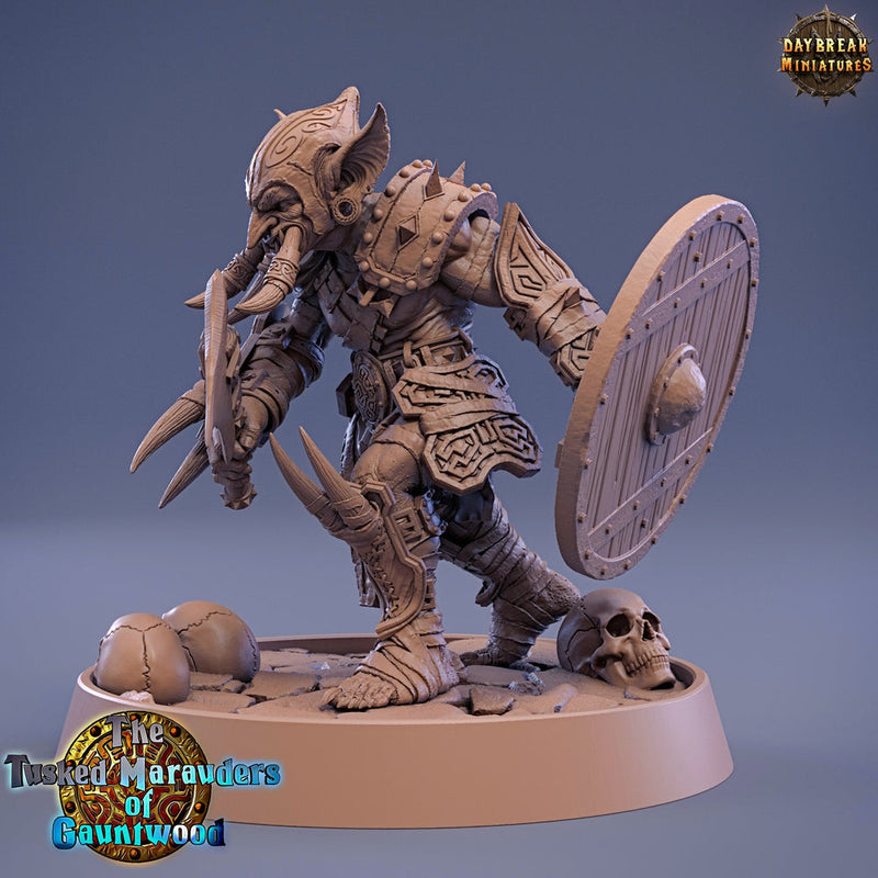 Tusked Goblin Axe & Shield Fighter | DnD Miniatures | Dungeons and Dragons | 28mm, 32mm, 75mm scale| Unpainted Figure| Daybreak Miniatures - Only-Games