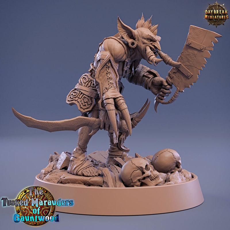 Tusked Goblin Sword Fighter | DnD Miniatures | Dungeons and Dragons | 28mm, 32mm, 75mm scale| Figure for Painting| Daybreak Miniatures - Only-Games