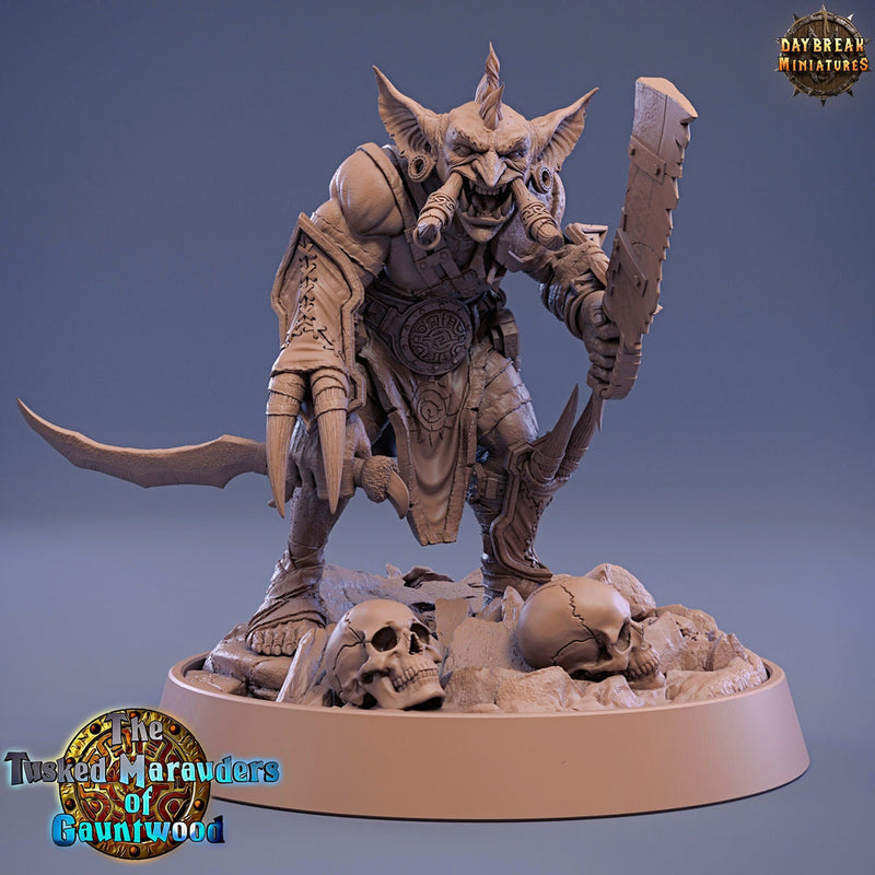 Tusked Goblin Sword Fighter | DnD Miniatures | Dungeons and Dragons | 28mm, 32mm, 75mm scale| Figure for Painting| Daybreak Miniatures - Only-Games