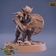 Tusked Goblin Axe & Shield Fighter | DnD Miniatures | Dungeons and Dragons | 28mm, 32mm, 75mm scale| Unpainted Figure| Daybreak Miniatures - Only-Games