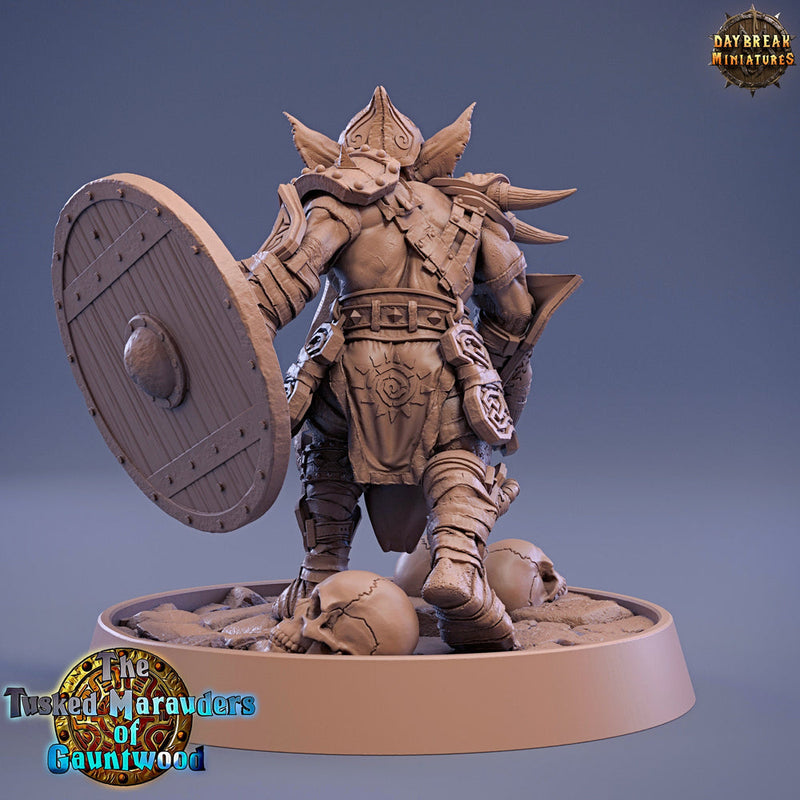 Tusked Goblin Axe & Shield Fighter | DnD Miniatures | Dungeons and Dragons | 28mm, 32mm, 75mm scale| Unpainted Figure| Daybreak Miniatures - Only-Games