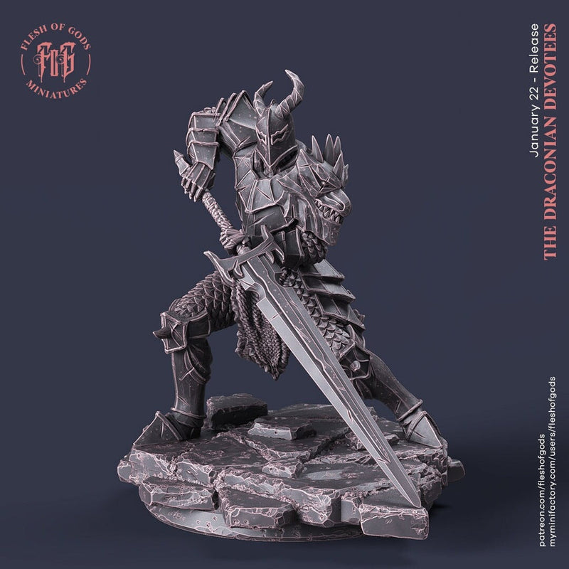 Draconian Oathbreaker Paladin Chaos Knight Unpainted Miniature | 28mm, 32mm,54mm, 75mm, 100mm Scales | D and D | Pathfinder | Flesh of Gods - Only-Games