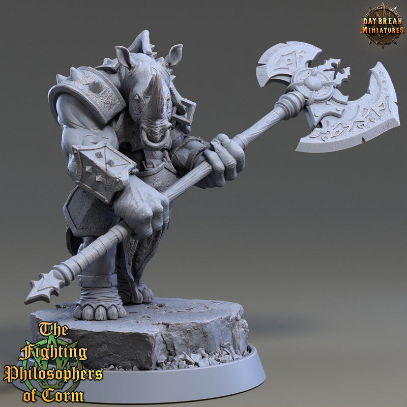 Rhinokin, Rhino-folk Warrior  Scales: 28mm, 32mm,54mm,75mm | D&D 5e Megaboss | Dungeons and Dragons | Pathfinder | Daybreak Miniatures - Only-Games