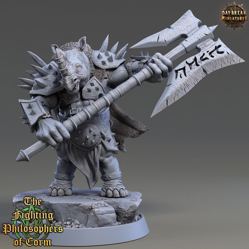 Rhinokin, Rhino-folk Warrior  Scales: 28mm, 32mm,54mm,75mm | D&D 5e Megaboss | Dungeons and Dragons | Pathfinder | Daybreak Miniatures - Only-Games