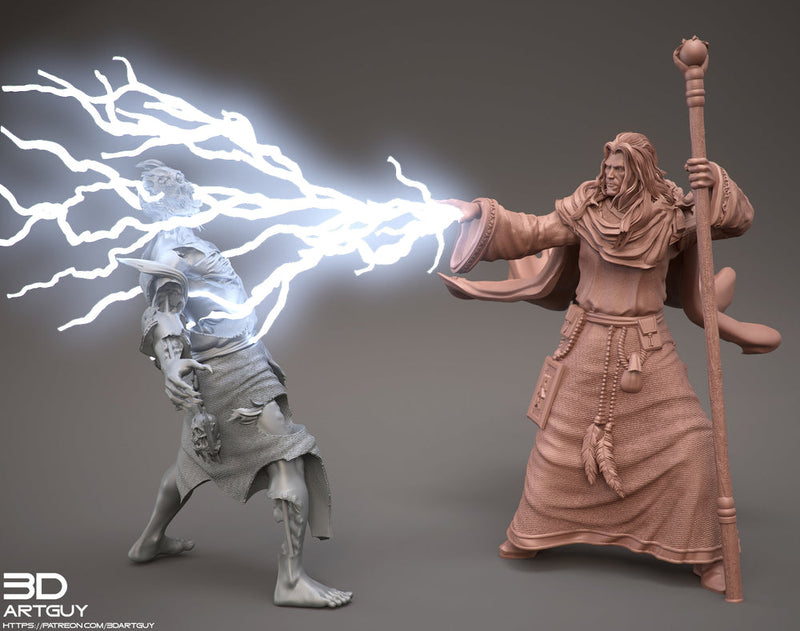 Human Male Wizard Lightning Bolt Spell | Resin Figure| 28mm, 32mm,75mm Scales, 100mm Tall| Dungeons and Dragons | Pathfinder | Battle Wizard - Only-Games