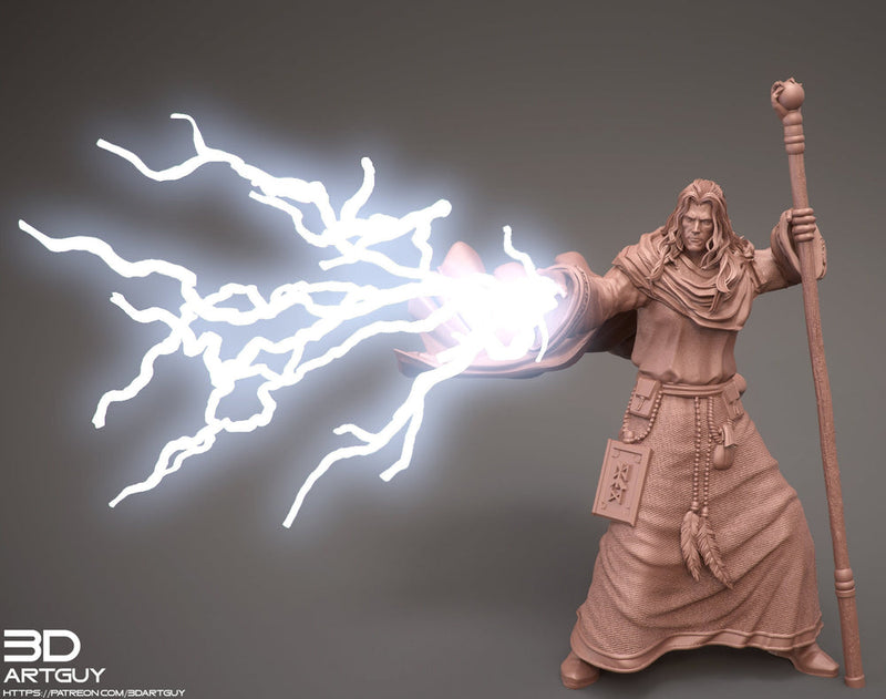 Human Male Wizard Lightning Bolt Spell | Resin Figure| 28mm, 32mm,75mm Scales, 100mm Tall| Dungeons and Dragons | Pathfinder | Battle Wizard - Only-Games