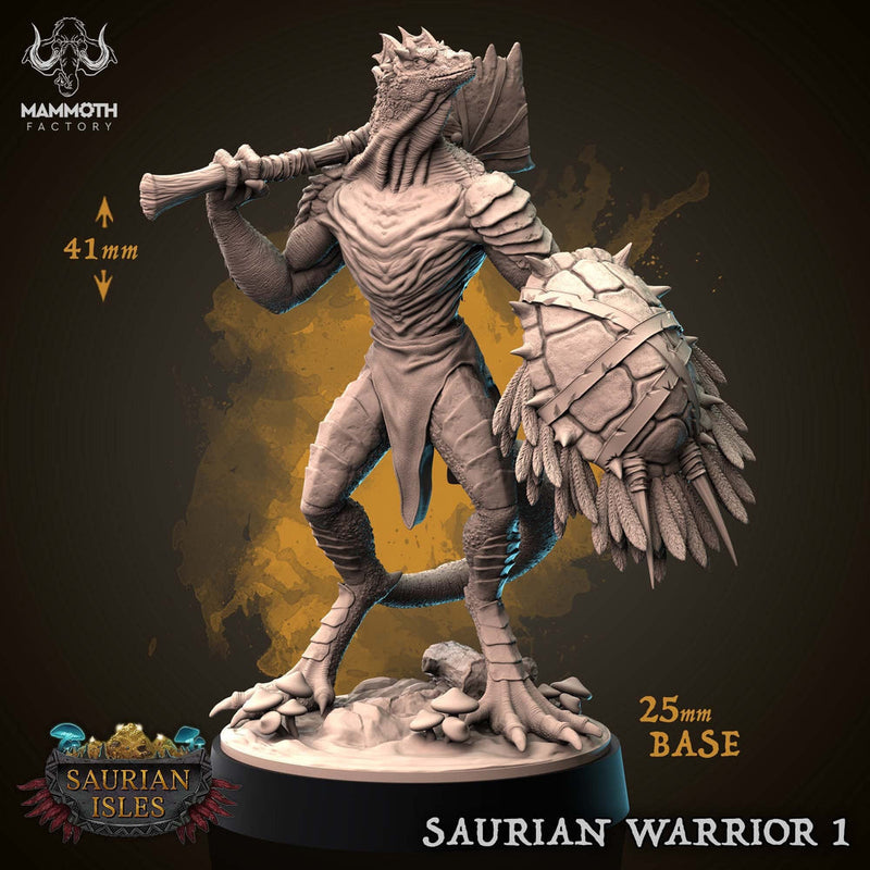 Lizardfolk Lizardman Warrior | 28mm, 32mm,75mm Scales | Dungeons and Dragons | Unpainted Figure | Mammoth Factory - Only-Games