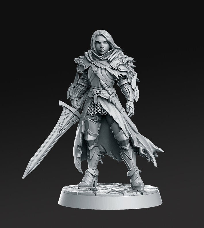 Female Paladin Fighter Platemail | 28mm,32mm,75mm Scale Dungeons and Dragons 5e Miniature Unpainted Figurine D&D Tabletop RPG Fantasy Gaming - Only-Games