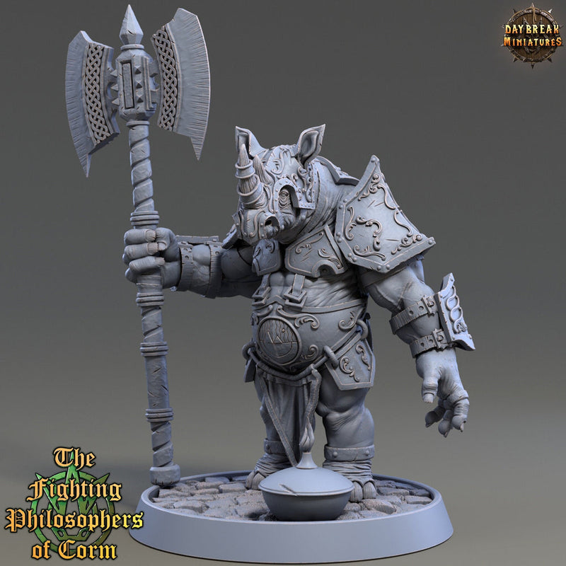 Rhinokin, Rhino-folk Warrior  Scales: 28mm, 32mm,54mm,75mm | D&D 5e Megaboss | Dungeons and Dragons | Pathfinder | Daybreak Miniatures - Only-Games