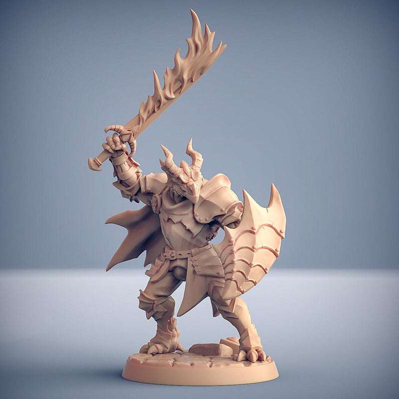 Dragonborn Paladin Fighter Flaming Sword & Shield | 28mm, 32mm, 54mm, 75mm Scale Resin Miniature | Dungeons and Dragons | Pathfinder | - Only-Games