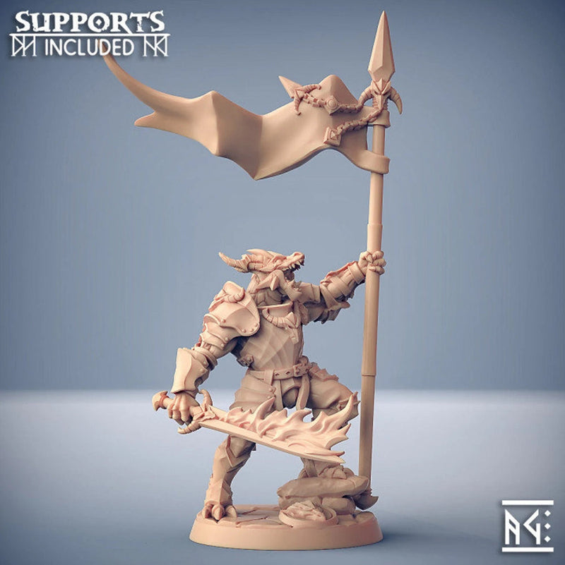 Dragonborn Paladin Fighter Banner and Flaming Sword  | 28mm, 32mm, 54mm, 75mm Scale Resin Miniature | Dungeons and Dragons | Pathfinder | - Only-Games