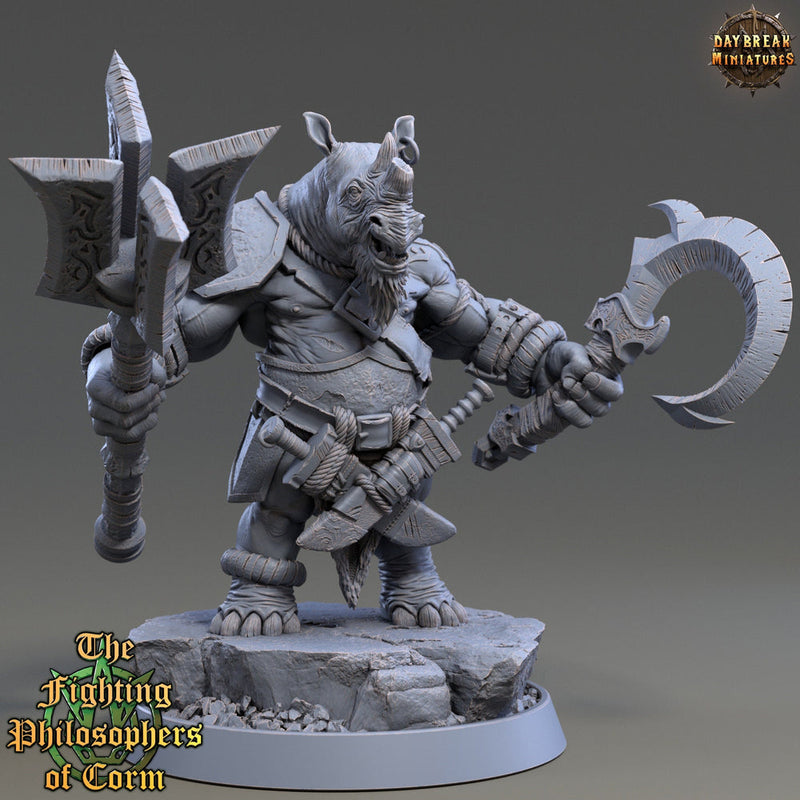 Rhinokin, Rhino-folk Warrior  Scales: 28mm, 32mm,54mm,75mm | D&D 5e Megaboss | Dungeons and Dragons | Pathfinder | Daybreak Miniatures - Only-Games