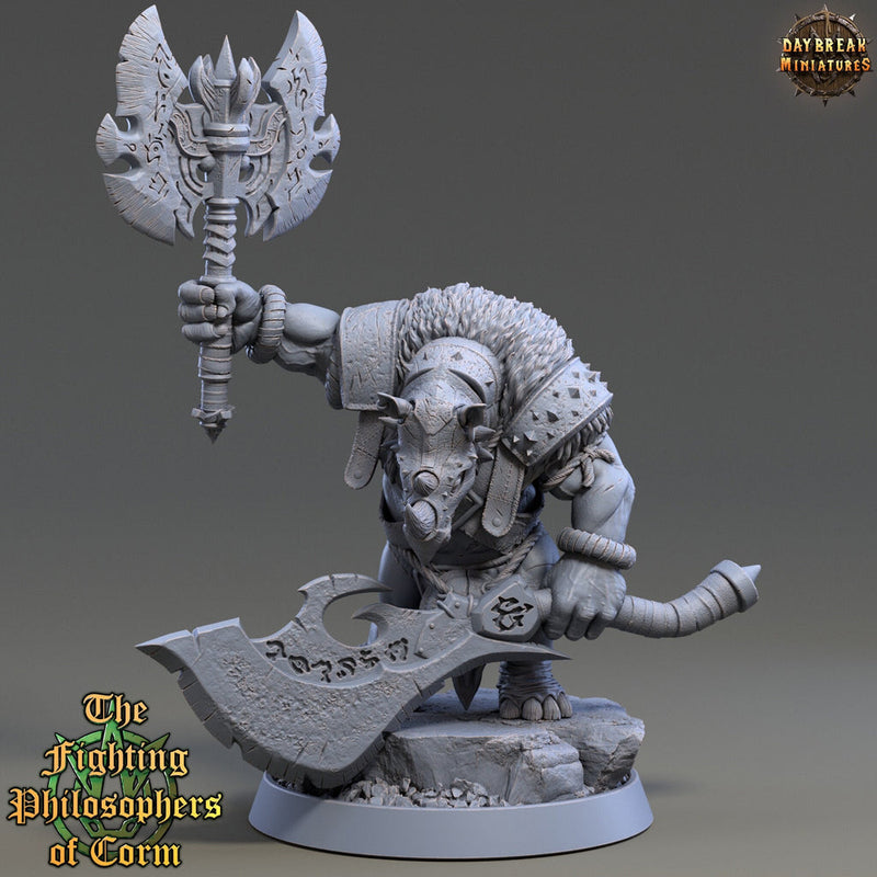 Rhinokin, Rhino-folk Warrior  Scales: 28mm, 32mm,54mm,75mm | D&D 5e Megaboss | Dungeons and Dragons | Pathfinder | Daybreak Miniatures - Only-Games