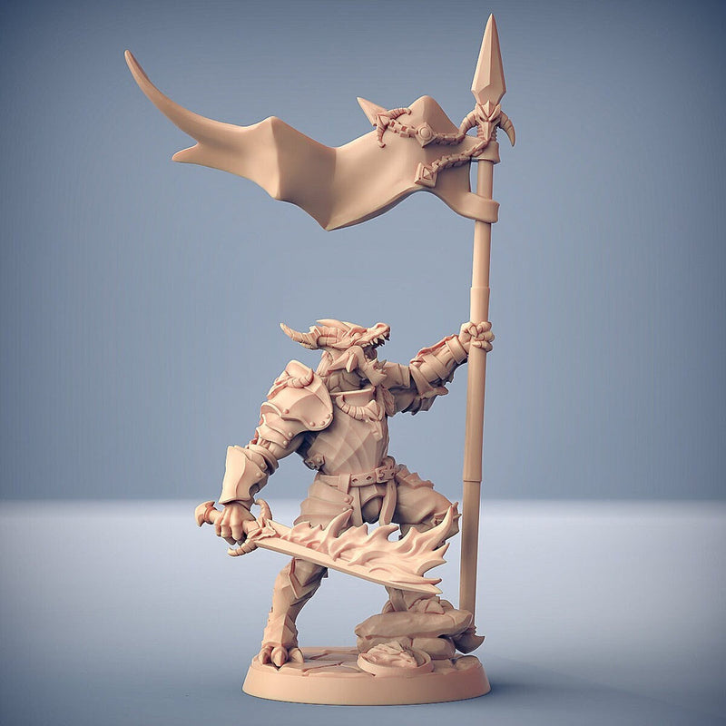 Dragonborn Paladin Fighter Banner and Flaming Sword  | 28mm, 32mm, 54mm, 75mm Scale Resin Miniature | Dungeons and Dragons | Pathfinder | - Only-Games