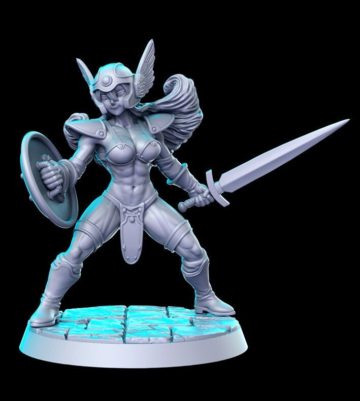 Pinup Sexy Female Fighter with Sword and Shield  | 28mm, 32mm,54mm,75mm,100mm Scale | Miniature - Minis - D&D 5e - RN Estudio - Only-Games