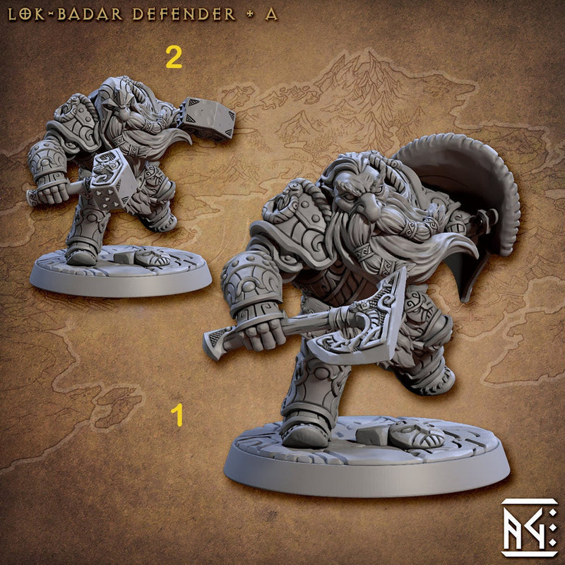 Male Fighter Dwarf  with Hammer & Axe, Dual Hammers and Helm | 28mm, 32mm, 54mm, 75mm Scale Miniature | Dungeons and Dragons | Artisan Guild - Only-Games