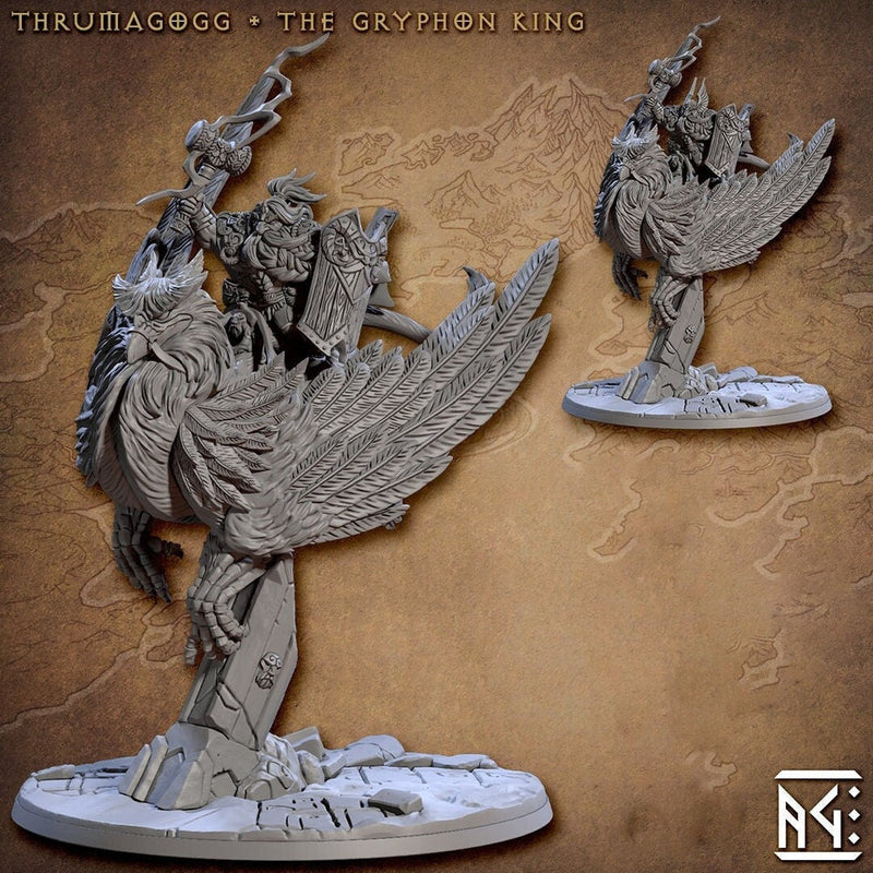 Fighter Dwarf King mounted on Gryphon with Hammer and Shield | 28mm, 32mm, 54mm Scale Miniature | Dungeons and Dragons | Artisan Guild - Only-Games