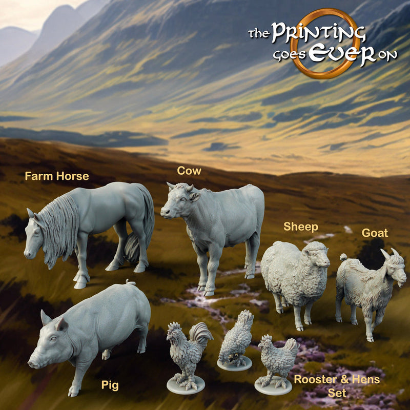 Farm Animals  Resin Miniatures | 28mm,32mm, 54mm,75mm Scale | NPC terrain Props Cow, Horse, Hens | Dungeons and Dragons | Pathfinder | DnD - Only-Games