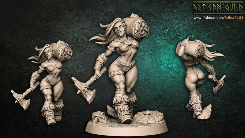 Sexy Pinup (NSFW also) Human Female Barbarian Fighter | 28mm, 32mm, 54mm, 75mm Scale Miniature | Dungeons and Dragons | Artisan Guild - Only-Games