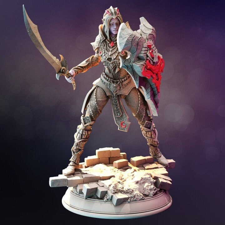 Female Dark Elf Oathbreaker Paladin Fighter Unpainted Miniature | 28mm, 32mm,54mm,75mm,100mm Scales | Dungeons & Dragons Pathfinder DM Stash - Only-Games