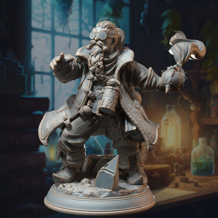Dwarf Alchemist Artificer | Miniature | 28mm, 32mm, 54mm, 75mm Scales | Pathfinder Figure | DnD | Figurine unpainted | - Only-Games