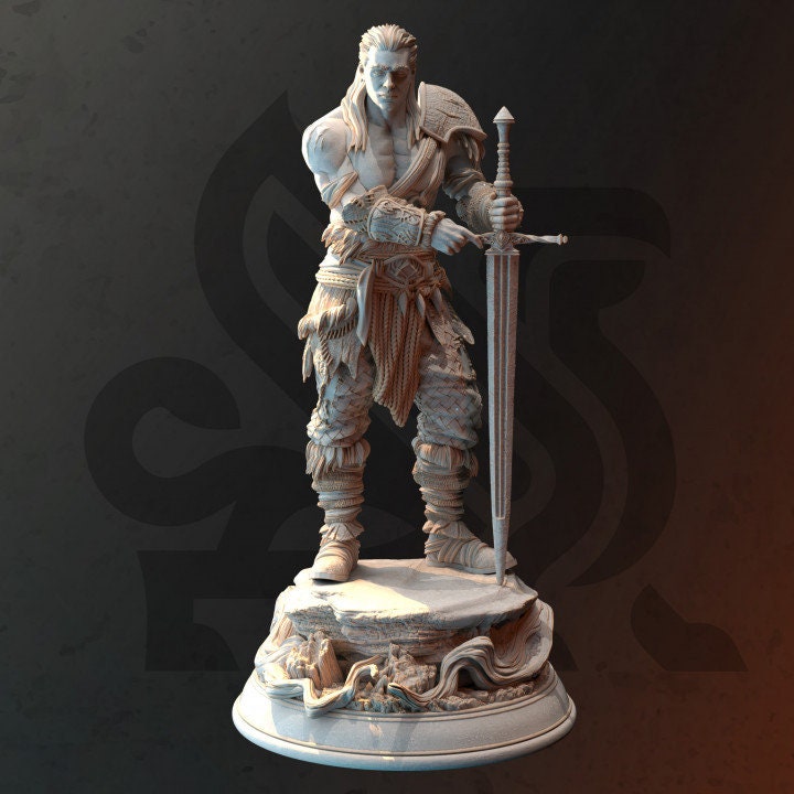 Human Ranger Fighter with Sword | Miniature | 28mm, 32mm, 75mm, 100mm Scales | Pathfinder Figure | DnD | Figurine unpainted | - Only-Games