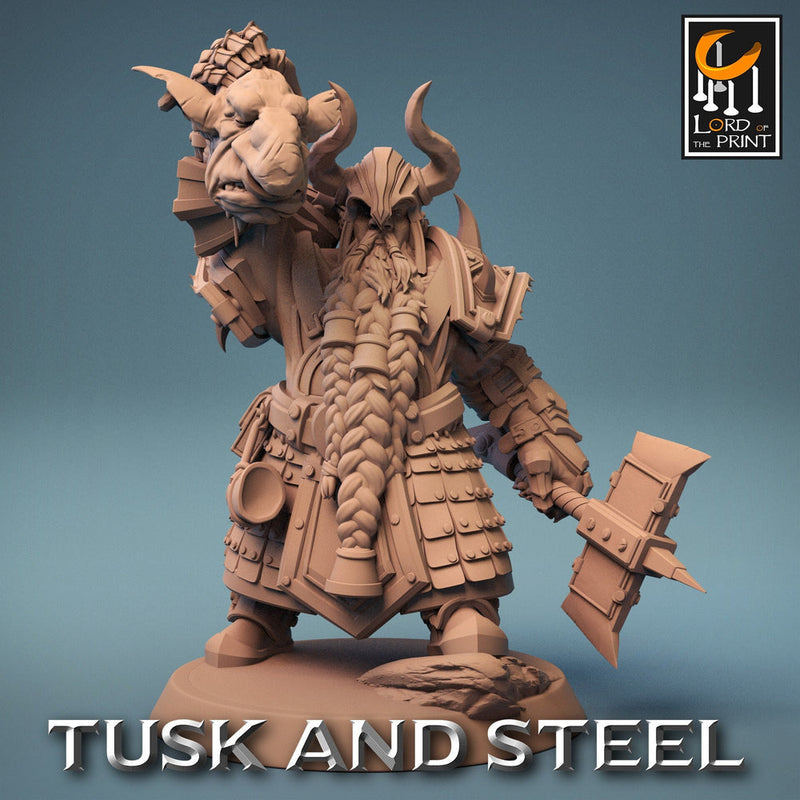 Dwarf Fighter Paladin Axe & Goblin Head Unpainted | 28mm, 32mm,54mm,75mm,100mm Scales | Dungeons and Dragons Pathfinder Lord of The Print - Only-Games