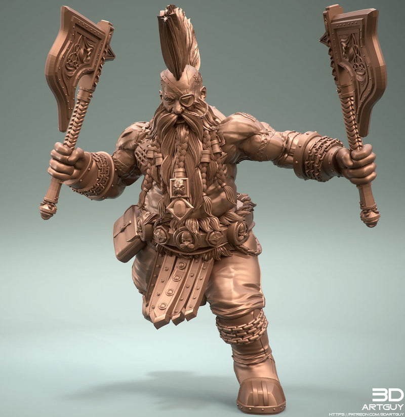 Dwarf Fighter Barbarian Two Axes Unpainted Figure | 28mm, 32mm,54mm,75mm,100mm Scales | Dungeons and Dragons Pathfinder | 3DArtGuy - Only-Games