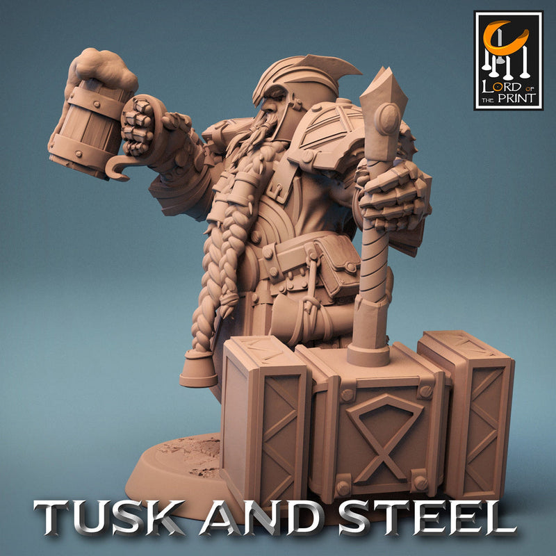 Dwarf Fighter Paladin Beer & Hammer Unpainted Model | 28mm, 32mm,54mm,75mm,100mm Scales | Dungeons and Dragons Pathfinder Lord of The Print - Only-Games