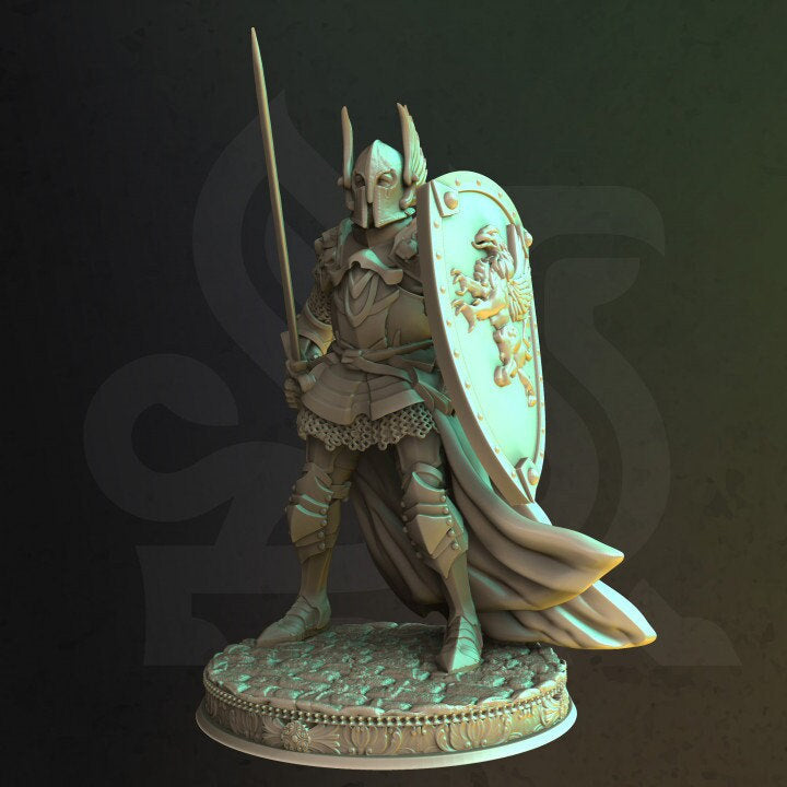 Human Paladin Fighter Sword & Shield | Miniature | 28mm, 32mm, 54mm,75mm, 100mm Scales | Pathfinder Figure | DnD | Figurine unpainted | - Only-Games